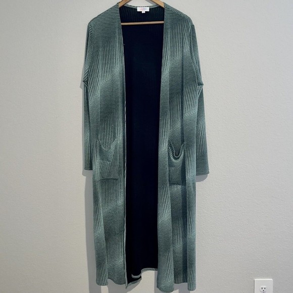 Lularoa rare Caroline Cardigan large green long duster ribbed stretchy - Picture 2 of 6